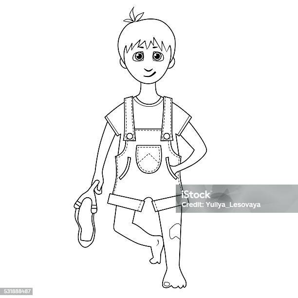 Coloring Book Cartoon Of A Boy With Slingshot In Hand Stock Illustration - Download Image Now