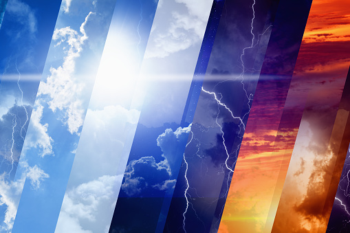 Weather forecast concept background - variety weather conditions, bright sun and blue sky, dark stormy sky with lightnings, sunset and night