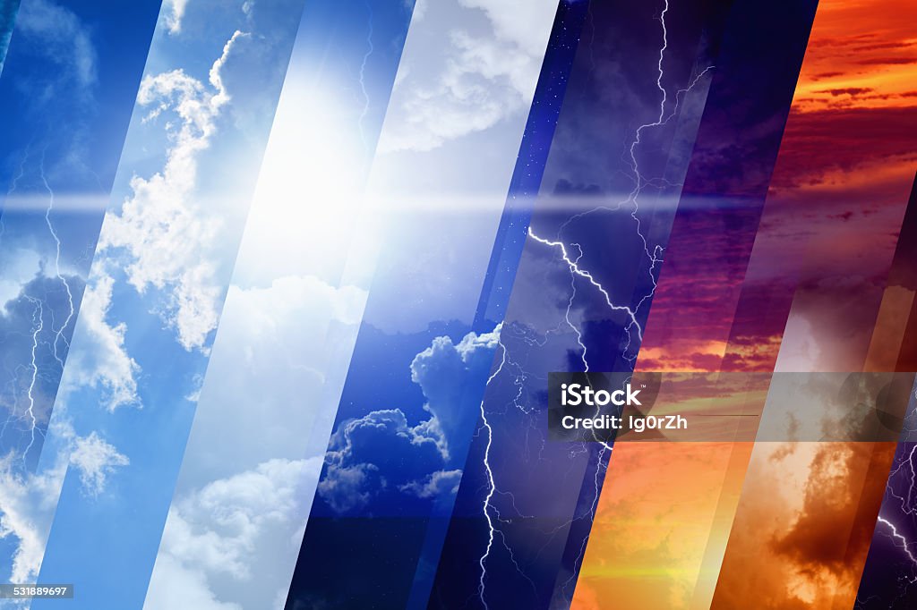 Weather forecast concept Weather forecast concept background - variety weather conditions, bright sun and blue sky, dark stormy sky with lightnings, sunset and night Weather Stock Photo