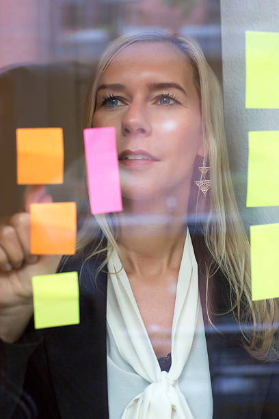 istock woman looking at notes on the window 531907361