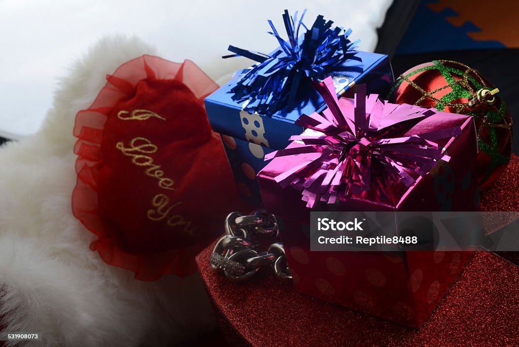 Valentines Day Valentines day symbols, gift boxes, teddy bear with hearth shapes that reads 'I love you". 2015 Stock Photo