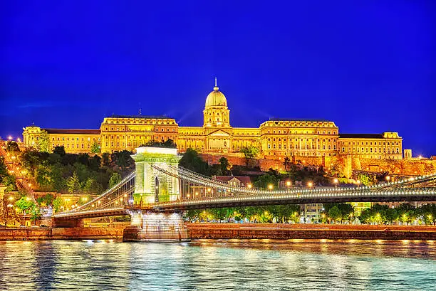 Photo of Budapest Royal Castle and Szechenyi Chain Bridge.