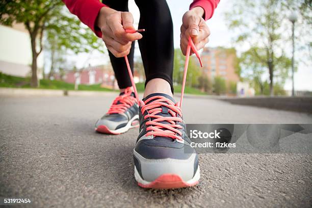 Female Hands Lacing Running Shoes Closeup Stock Photo - Download Image Now - Walking, Sports Shoe, Shoe