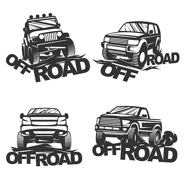 offroad set emblems Set off-road suv car monochrome labels, emblems, badges or logos isolated on white background. Off-roading trip emblems, 4x4 extreme club emblems. Vector EPS10. truck silhouettes stock illustrations
