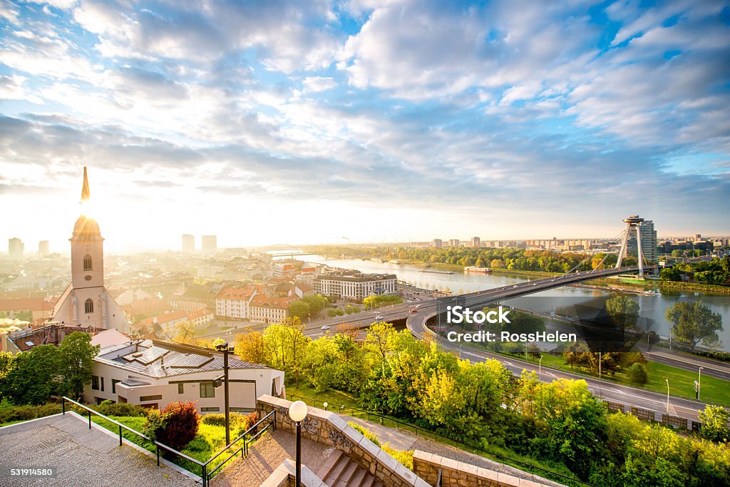 Morning view on Bratislava city Bratislava cityscape view with modern bridge, Danube river and old town from the castle hill on the morning in Slovakia Bratislava Stock Photo