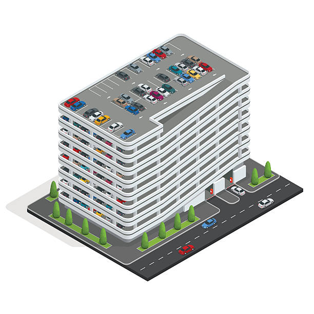 ilustraciones, imágenes clip art, dibujos animados e iconos de stock de estacionamiento de varios pisos. - multi story building