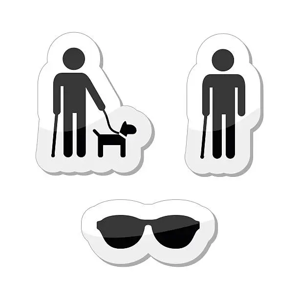 Vector illustration of Blind man icons set - with guide dog, walking stick