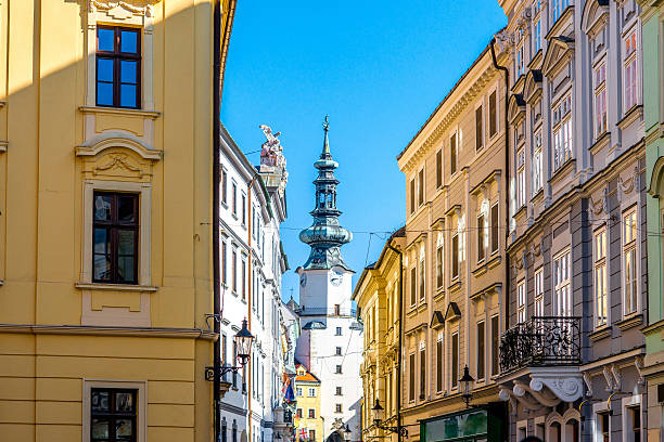 Famous St. Michaels watch tower and gate in the old town of Bratislava city, Slovakia