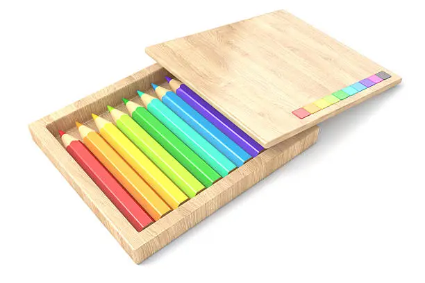 Photo of Wooden box with colorful pencils. 3D