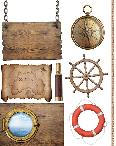 Piratas mapa del tesoro y otros objetos de náutica ilustración 3D aislado photo