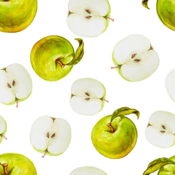 Watercolor seamless pattern with green apples. Hand drawn design. Watercolor seamless pattern with green apples. Hand drawn design. Vector summer fruit illustration. green apple slices stock illustrations