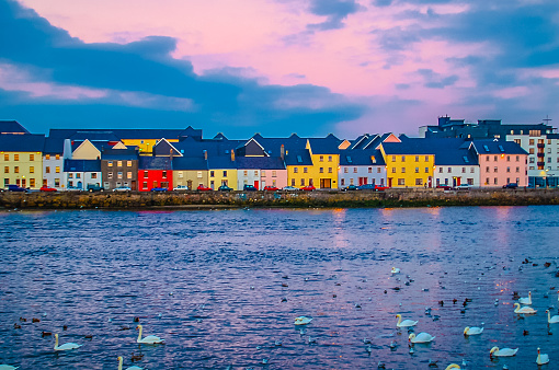 Shot from the Claddagh area looking straight across Galway Harbor into Old Galway Town with it's Pastel building and swans.