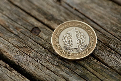 One Turkish Lira on wooden background (2013)