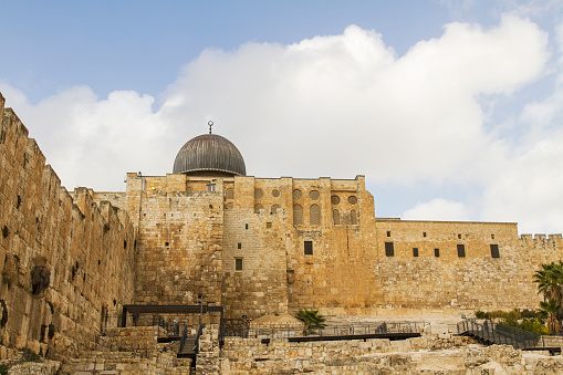 Southern Wall of Temple Mount  in Jerusalem. Dome of the Al-Aqsa Mosque . Israel .