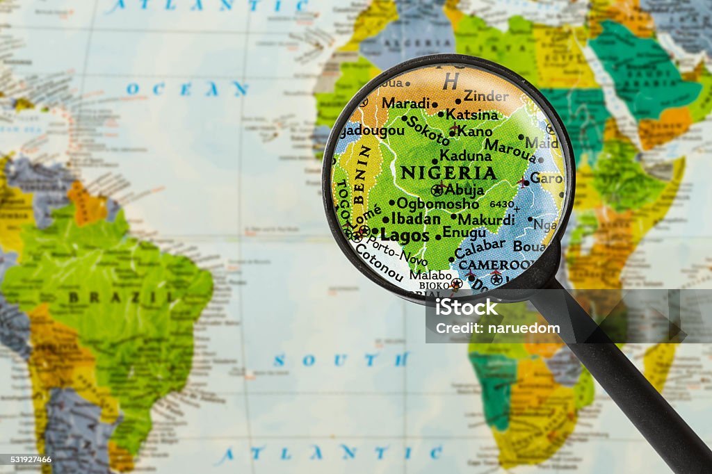 Map of Federal Republic of Nigeria Map of Federal Republic of Nigeria through magnifying glass Nigeria Stock Photo