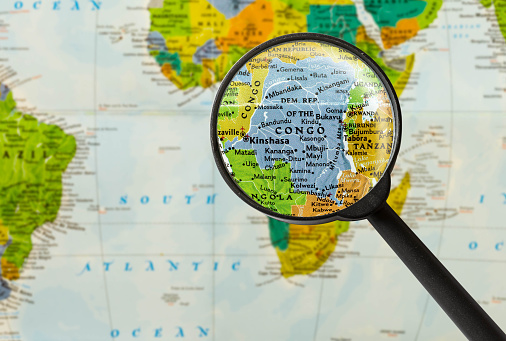 Map of Democratic Republic of the Congo through magnifying glass