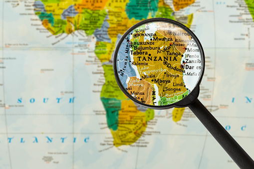 Map of United Republic of Tanzania through magnifying glass