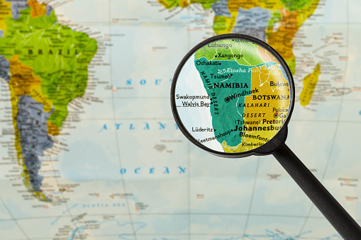 Map of Republic of Namibia through magnifying glass