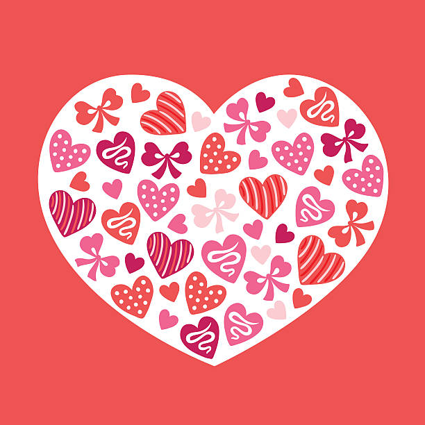 ilustraciones, imágenes clip art, dibujos animados e iconos de stock de corazón de san valentín con los arcos, galletas y corazones pequeños - valentines day silhouette white background bow