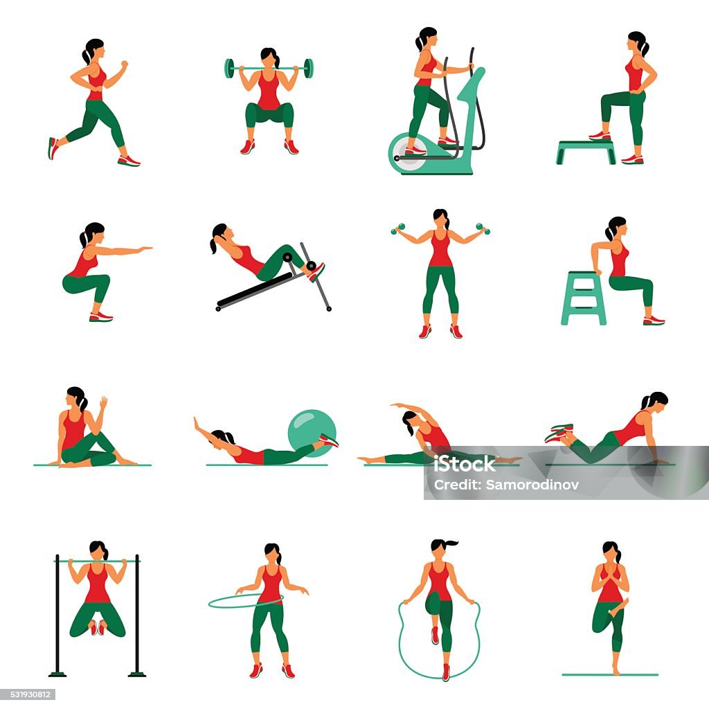 Aerobic icons. 4x4. full color Fitness, Aerobic  and workout exercise in gym. Vector set of gym icons in flat style isolated on white background. People in gym. Gym equipment, dumbbell, weights, treadmill, ball. Exercising stock vector