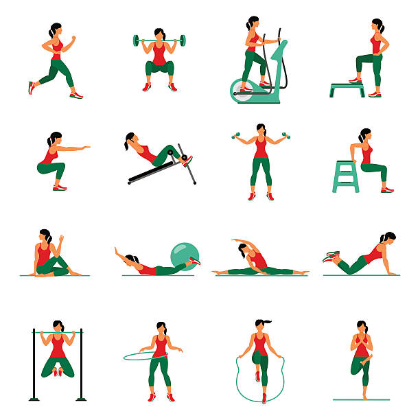 Aerobic icons. 4x4. full color Fitness, Aerobic  and workout exercise in gym. Vector set of gym icons in flat style isolated on white background. People in gym. Gym equipment, dumbbell, weights, treadmill, ball. sports training illustrations stock illustrations