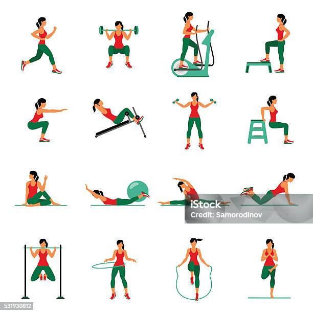 Aerobic Icons 4x4 Full Color Stock Illustration - Download Image Now - Exercising, Women, Sport