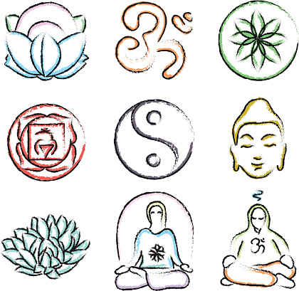 vector set of yoga icons - Buddhism, meditation, signs and symbols. Doodle style