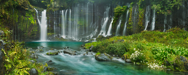 The beautiful Shiraito Falls (Shiraito-no-taki, 白糸の滝) at the foot of Mount Fuji, Japan.