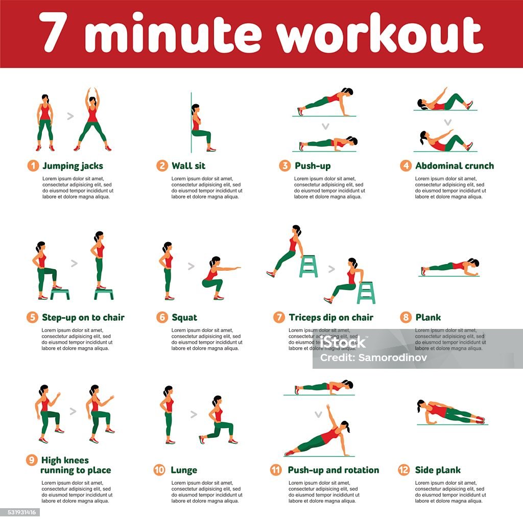 Aerobic icons. 7 minute workout  7 minute workout. Fitness, Aerobic  and workout exercise in gym. Vector set of gym icons in flat style isolated on white background. People in gym. Gym equipment, dumbbell, weights, treadmill, ball. Exercising stock vector