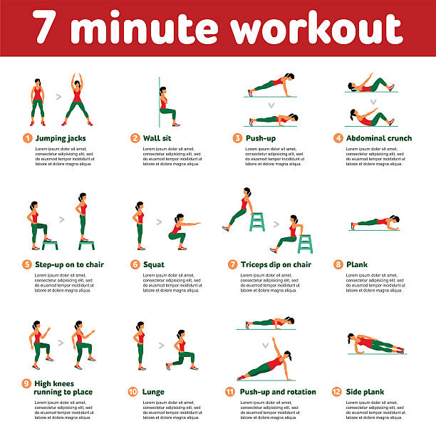 Aerobic icons. 7 minute workout  7 minute workout. Fitness, Aerobic  and workout exercise in gym. Vector set of gym icons in flat style isolated on white background. People in gym. Gym equipment, dumbbell, weights, treadmill, ball. woman on exercise machine stock illustrations