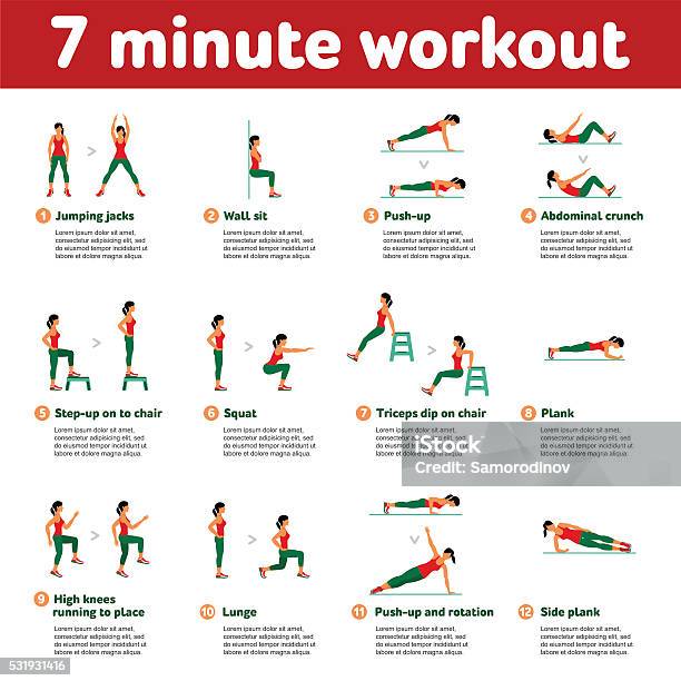 Aerobic Icons 7 Minute Workout Stock Illustration - Download Image Now - Exercising, Squatting Position, Stretching