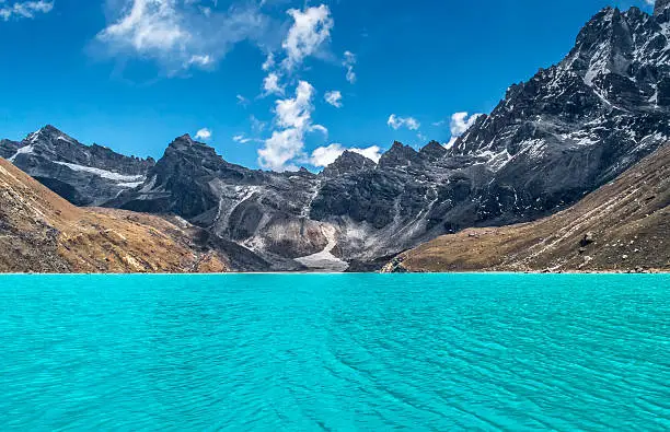 Beautiful snow-capped mountains with lake against the blue sky. Himalaya, Nepal