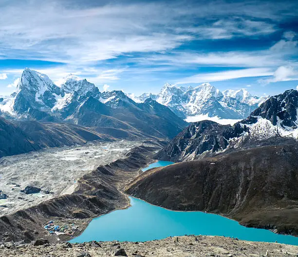 Beautiful snow-capped mountains with lake against the blue sky. Himalaya, Nepal