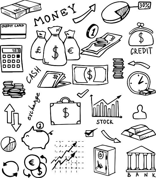 ilustrações de stock, clip art, desenhos animados e ícones de banca e a moeda mão desenhada vector conjunto - ações de bolsa