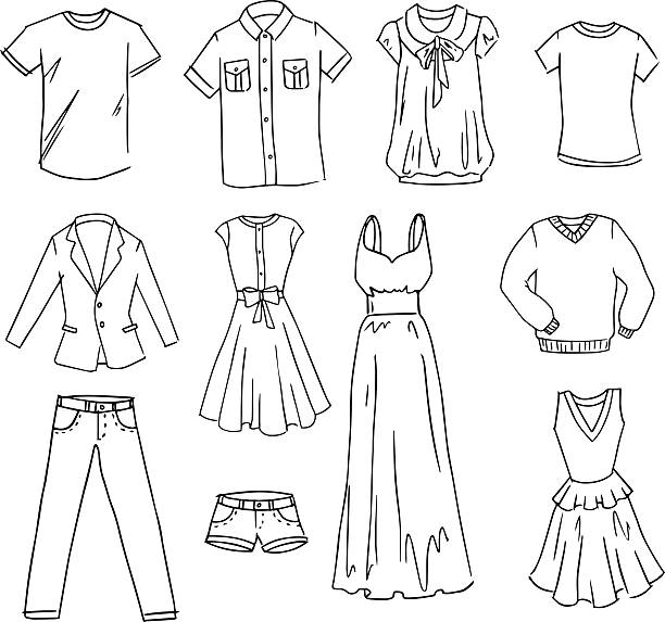 ilustraciones, imágenes clip art, dibujos animados e iconos de stock de ropa fasihon dibujado a mano vector de conjunto - getting dressed illustrations