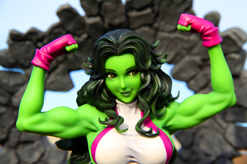 Vancouver, Canada - March 5, 2016: A model of the Marvel character Jennifer Walters, also known as She Hulk. Walters is an attorney who was transformed into She Hulk after receiving a blood transfusion from her cousin, Bruce Banner. The model is from the Bishoujo collection from Kotobukiya