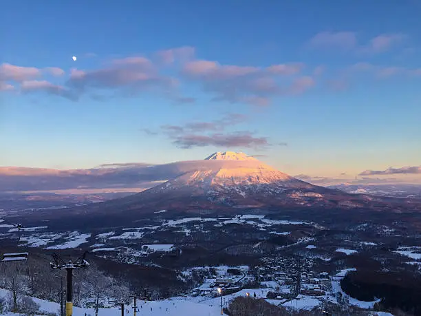 Mount Yōtei is an inactive stratovolcano located in Shikotsu-Toya National Park, Hokkaidō, Japan. This photo was taken one evening from the resort of Niseko.