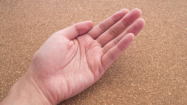 istock Upturned left hands for holding something on cork wood background 531937970