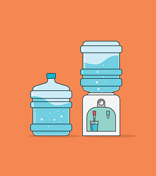 Water cooler dispenser vector illustration, full bottle of aqua wave Water cooler dispenser vector illustration, outline linear color full concept, flat icon shape, bottle of water with waves and bubbles, hot water flowing in glass cup, modern design pictogram isolated glass cup of boiling water stock illustrations