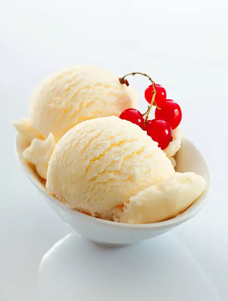 Serving with two scoops of rich vanilla icecream garnished with colourful redcurrants