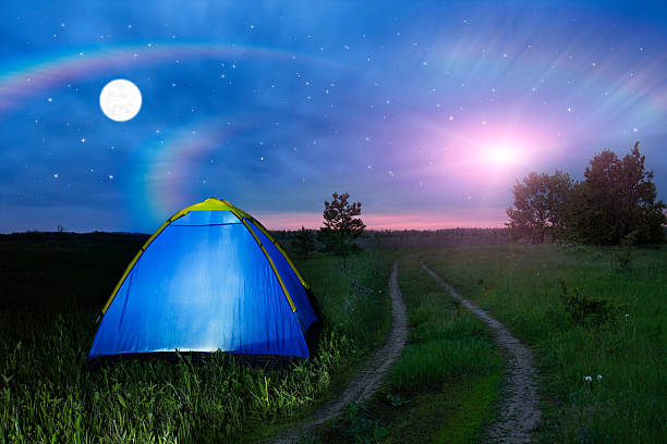 istock Camping tent glows under a night sky full of stars. 531968538
