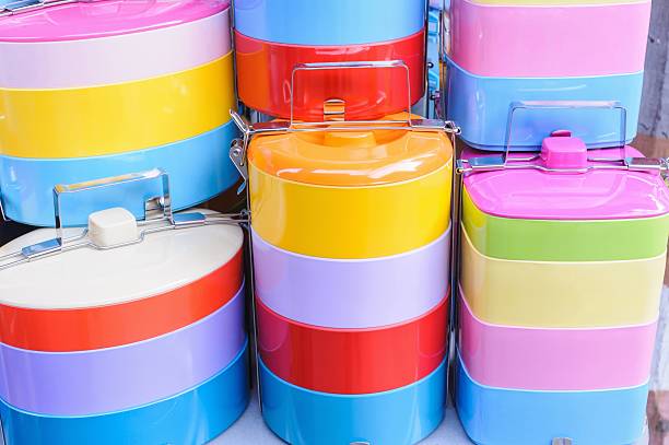 Colorful retro food carrier in market.