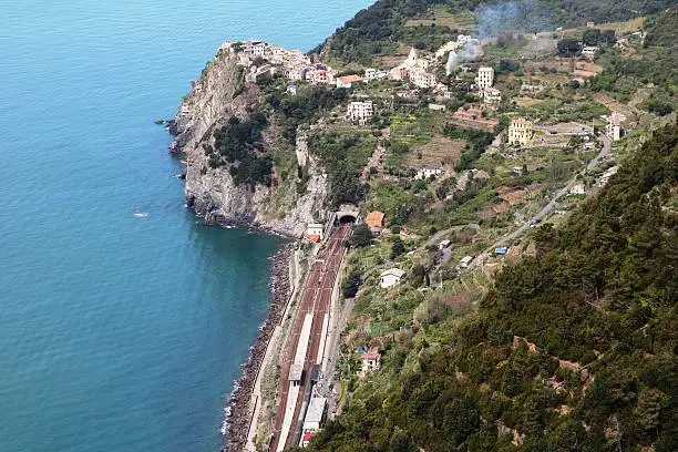 View from the mountains to Railway station of Corniglia Cinque Terre, Italy