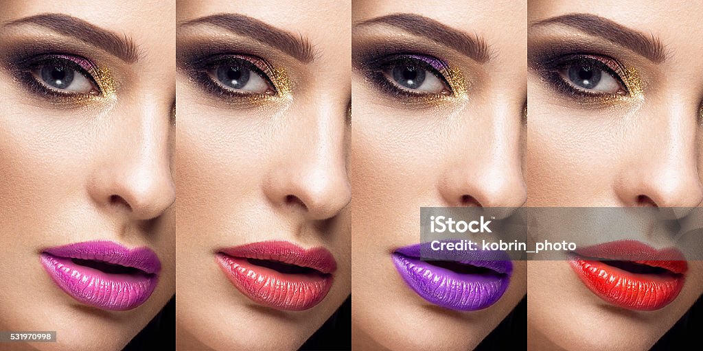 Collection: eyes and lips red, purple hues. The palette of Collection of eyes andlips red and purple hues. The palette of lipsticks. Close-up. Lipstick Stock Photo