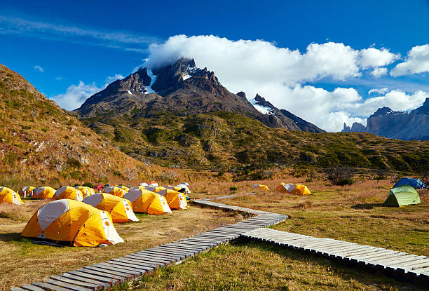 Camping in Torres del Paine national park.  Patagonia, Chile stock photo