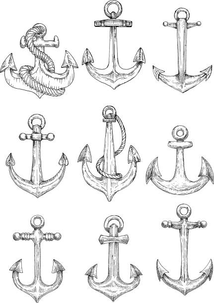 ilustrações de stock, clip art, desenhos animados e ícones de vintage marinho sistemas de ancoragem com cabos de esboço de símbolos - nautical vessel pattern rope tattoo