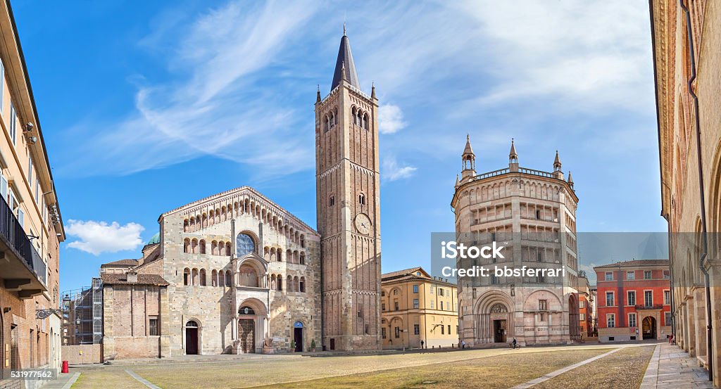 Panorama of Piazza Duomo in Parma Panorama of Piazza Duomo with Cathedral and Baptistery, Parma, Emilia-Romagna, Italy Parma - Italy Stock Photo
