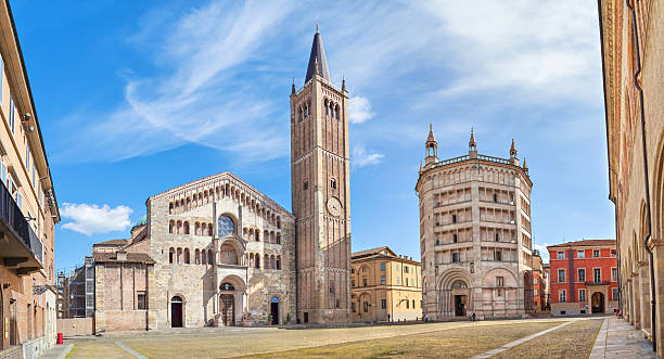 panorama of piazza duomo in parma - vaftizhane stok fotoğraflar ve resimler
