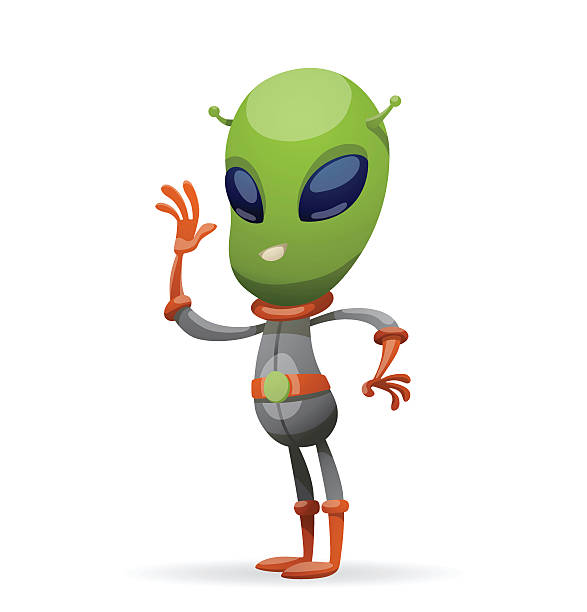 퍼니 초록색입니다 외국인 손 흔드는 그의 오른쪽 - mascot alien space mystery stock illustrations