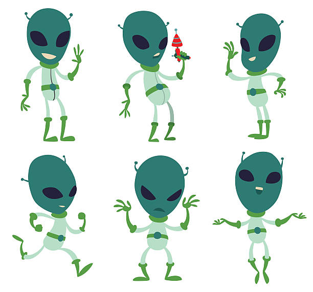 illustrazioni stock, clip art, cartoni animati e icone di tendenza di divertente verde gruppo di stranieri, piatto stile - mascot alien space mystery